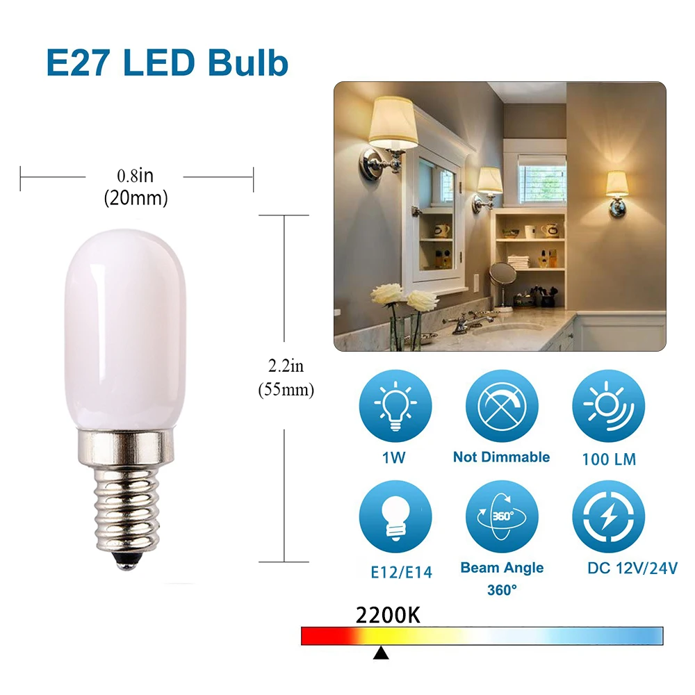 Imagem -03 - Mini Lâmpada Led para Geladeira Tubo Branco Leitoso Mini Lâmpadas Noturnas 2200k 10w E14 E12 1w dc 12v 24v T20 25 Pcs