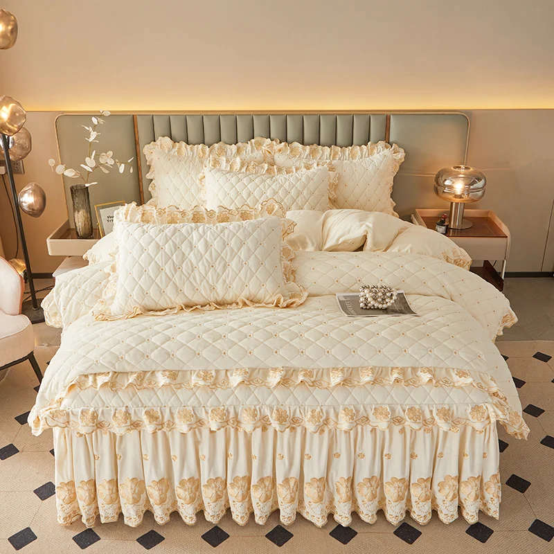 AI WINSURE-European Velvet Bedding Set 4pcs, Queen King Size, Luxury Embroidered Duvet Bed Cover, Quilted, Removable Bed Skirt