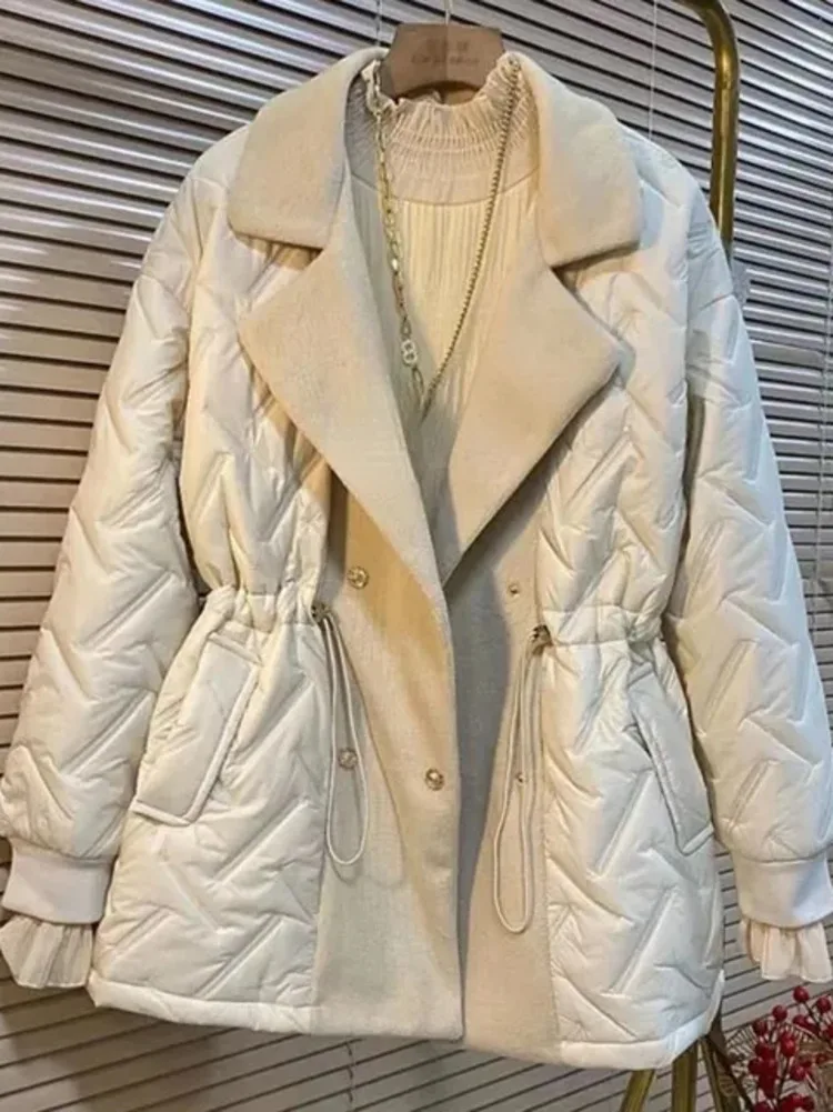 Parkas largas de plumón para mujer, Chaqueta de algodón con solapa grande, cintura elástica, prendas de vestir de nieve, abrigo de retazos