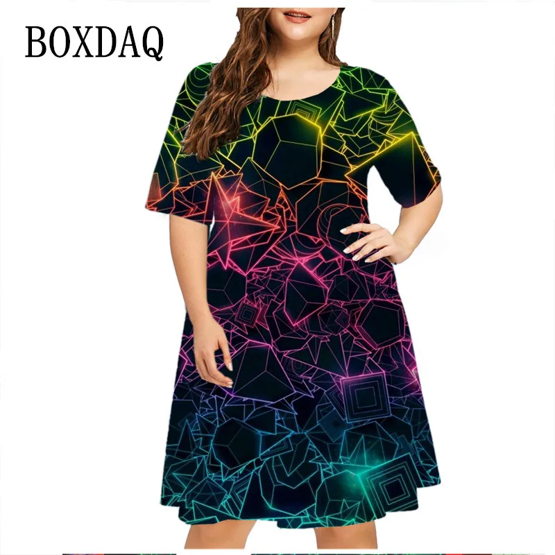 New Abstract Gradient Geometry Dresses For Women 2023 Plus Size Clothing Summer Fashion Street Hipster Short Sleeve A-Line Dress