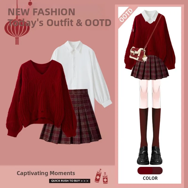 

Red Hole Sweater Short Skirt Base Shirt Slimming Plaid Autumn Winter New Year's Fashion Set Small Size College Style Polyeste...