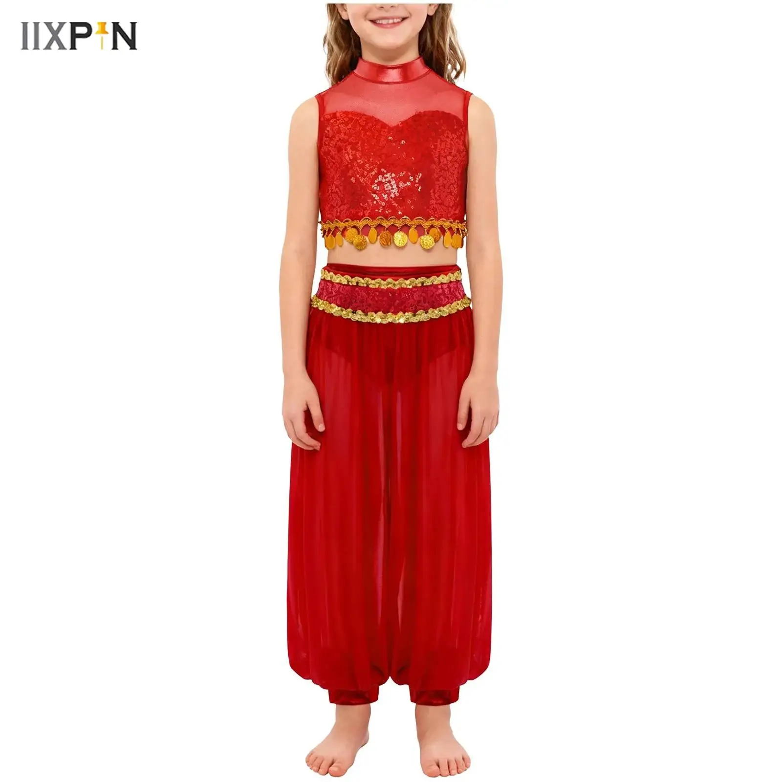 

Kids Girls Belly Dance Costumes Jazz Indian Dance Outfit Mock Neck Sleeveless Mesh Patchwork Sequin Crop Top with Bloomers Pants