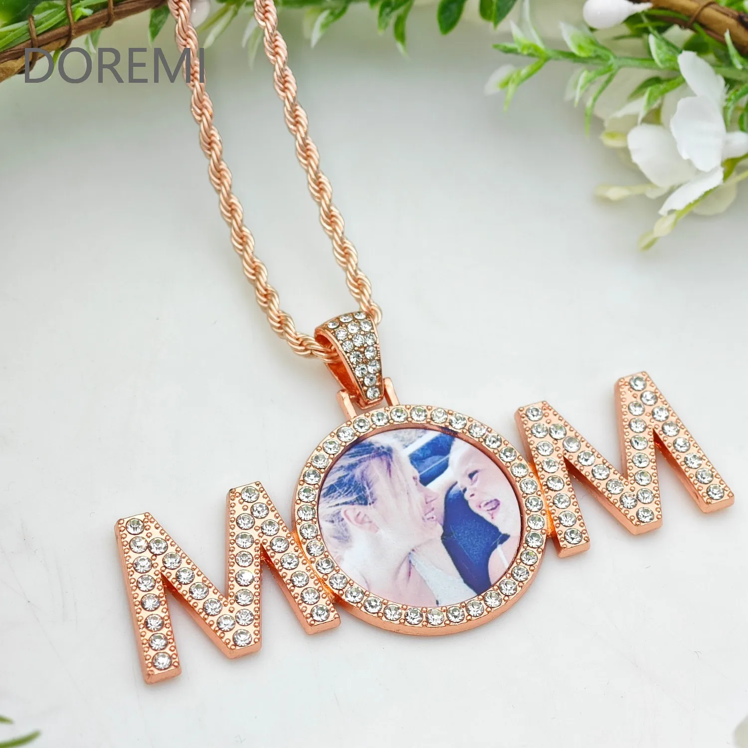 DOREMI Custom Photo Charm Personalized Picture Mom Necklace Rhinestone MOM Pendant Gold Silver Bling Necklace with Pendant