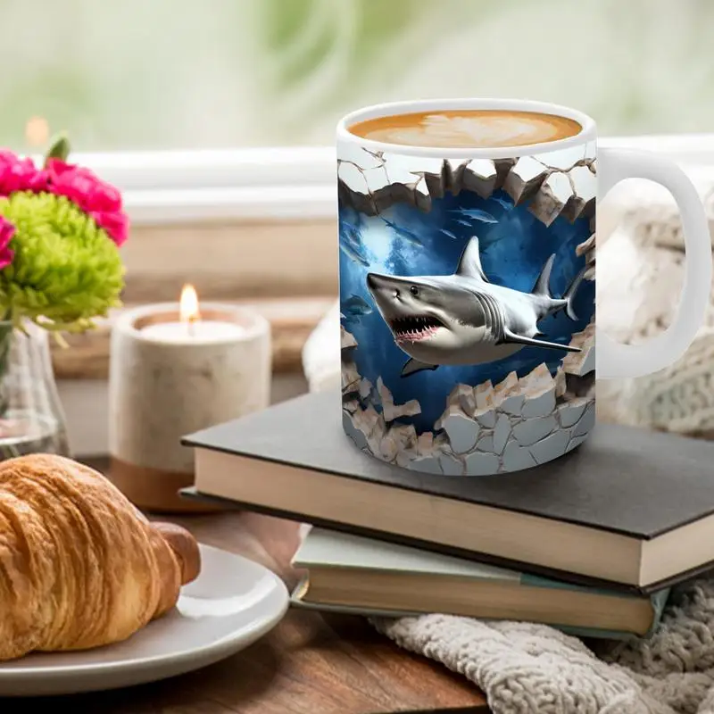 3D Shark Mug With Handle Dishwasher Microwave Safe Novelty Coffee Cup Multi-Purpose Library Shelf Book Lovers Milk Cup gift