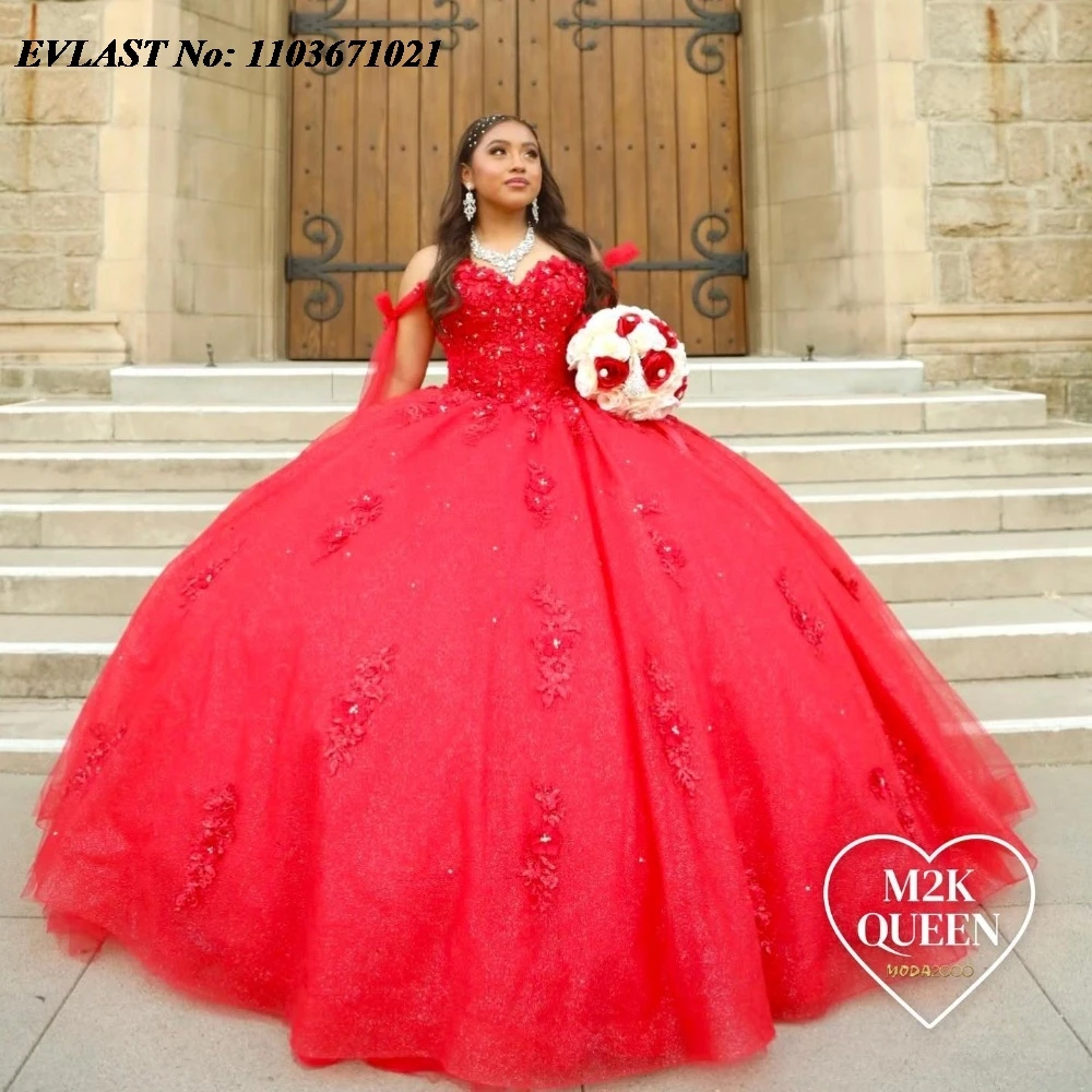 

EVLAST Mexican Red Quinnceanera Dress Ball Gown Lace Applique Beaded Tie Straps Corset Sweet 16 Vestidos De 15 Anos SQ471