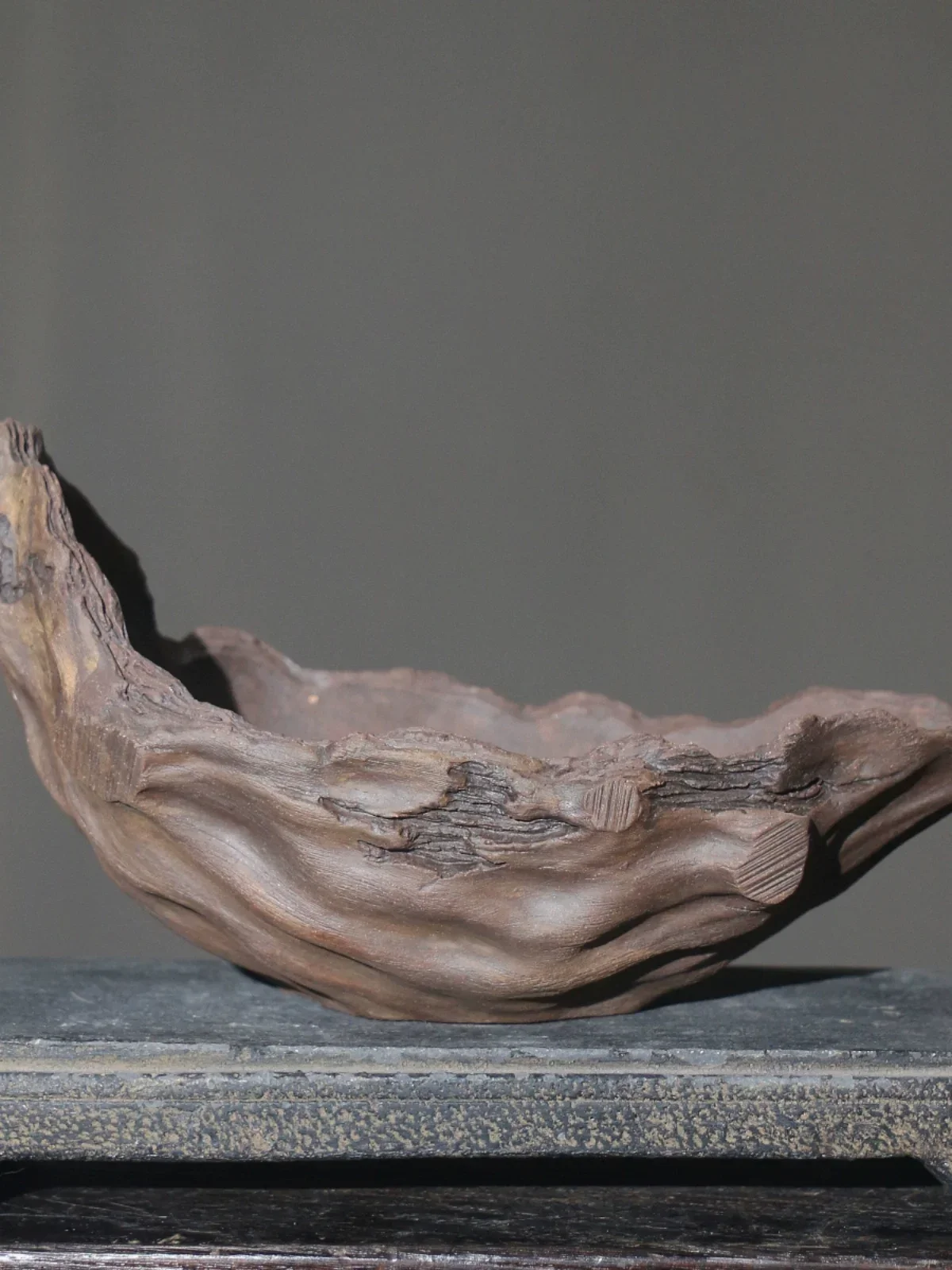 Handmade Bonsai Pot, Ceramic Imitative Wood, Hydroponics Carved Pottery Plate, Traditional Chinese Shape Garden Decoration