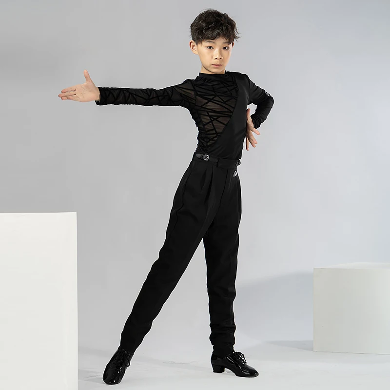 New Kids Boy Latin Dance Costumes Children Long Sleeve High-Neck Tops Ballroom Cha Cha Dance Training Clothes Black Shirt XH1831