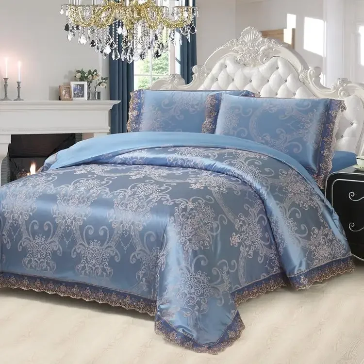 Luxury satin Jacquard Lace Comforter Cover sets 4pcs 1 bed sheet and 2 Pillowcases soft Cotton Sateen bedding set Queen King