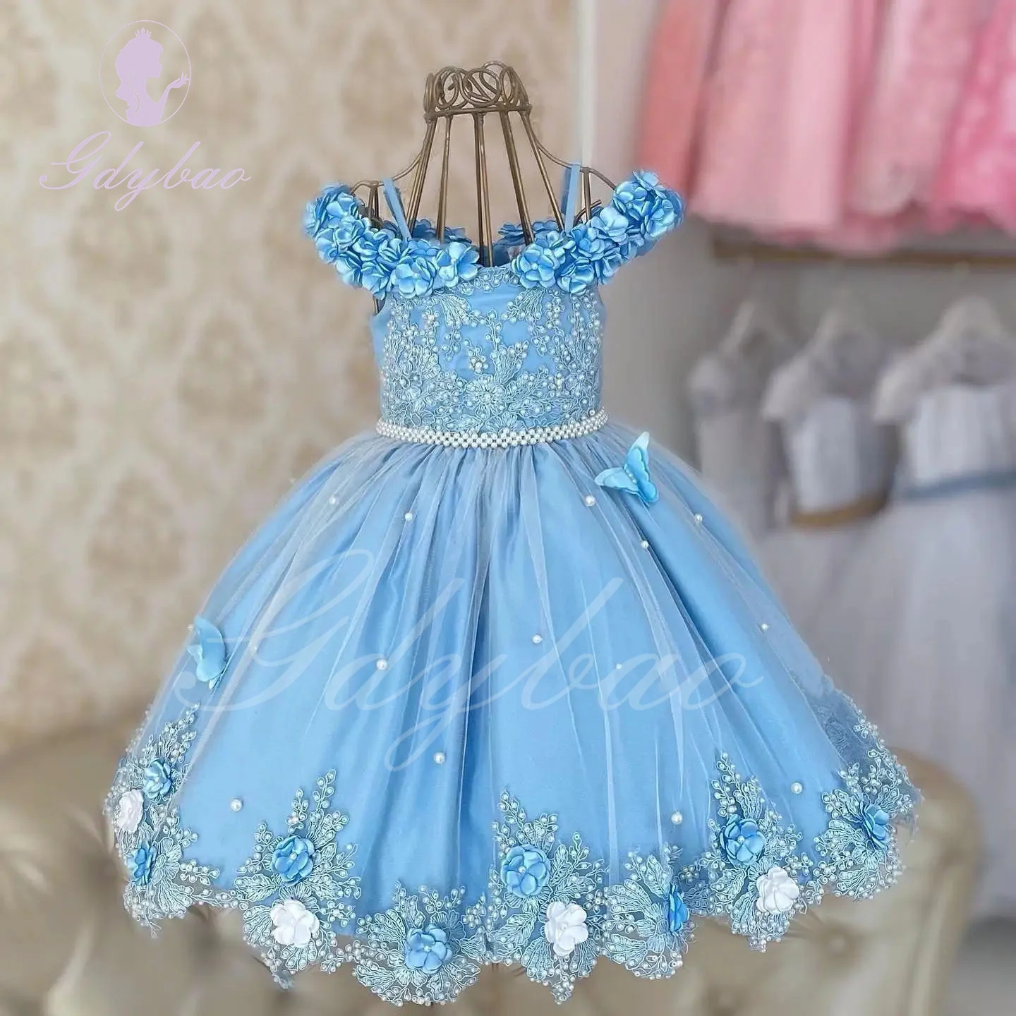 Vestido de niña de flores para boda, apliques de satén sin mangas azul cielo/rosa con lazo de perlas, fiesta de cumpleaños para niños, vestido de desfile de bebé