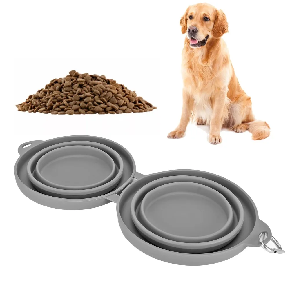 Food Grade Silicone Collapsible Pet Double Bowl Double Cavity Grey Foldable Pet Food Water Bowl Large Capacity Lightweight