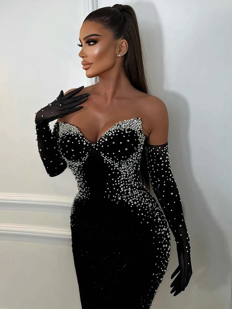 Black Velvet Long Dress Strapless Backless  Maxi Prom Cocktail  Pearls Embellished Party Evening Gown with Gloves Vestidos