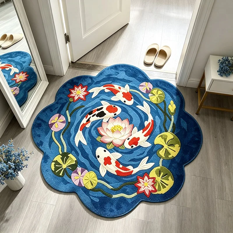 Creative Blue Lotus Koi Fish Pattern Irregular Rug Fashion Plush Bedroom Bedside Floor Mat Home Decor Carpet for Living Room