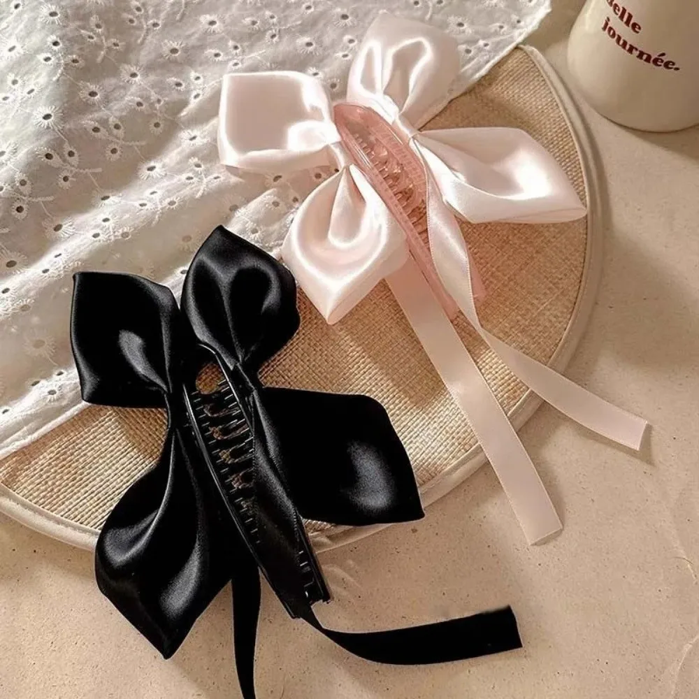 Versatile Satin Bowknot Korean Hair Claw Large Size Wide Side Solid Color Hair Clip Soft Material Ponytail Clip Ballet Style