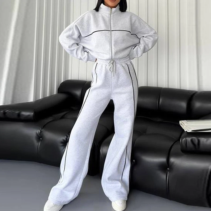 Women Fashion Elastic Waist Lace-up Solid Sport Outfits Casual Long Sleeve Loose 2Pc Set Elegant Zip Sweatshirt & Long Pant Suit