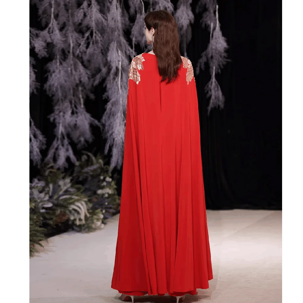 2023 Prom Dress Red O-Neck French Shawl Beads Pearls Ankle Length A-Line Empire Fashion Formal Occasion Dress Evening Dress