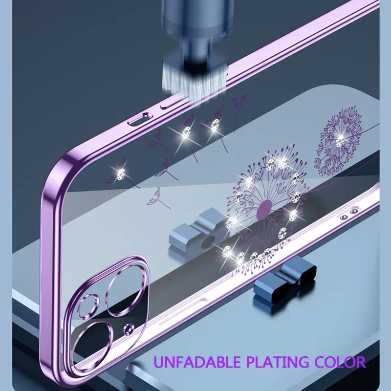 Luxury Dandelion Rhinestone Plating Soft Case for iPhone 12 13 11 14 Pro Max Plus Mini X Xs Xr Transparent Cover for Woman Girl image 3