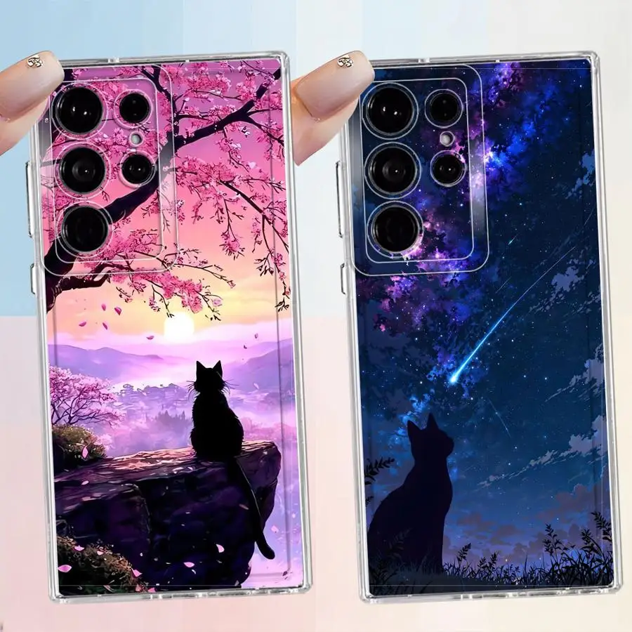 Cartoon Night Sky Cat Case for Samsung Galaxy S26 S22 FE Note 20 Ultra 10 S20 Plus S21 S25 Edge S23 Ultra S24 Phone Cover