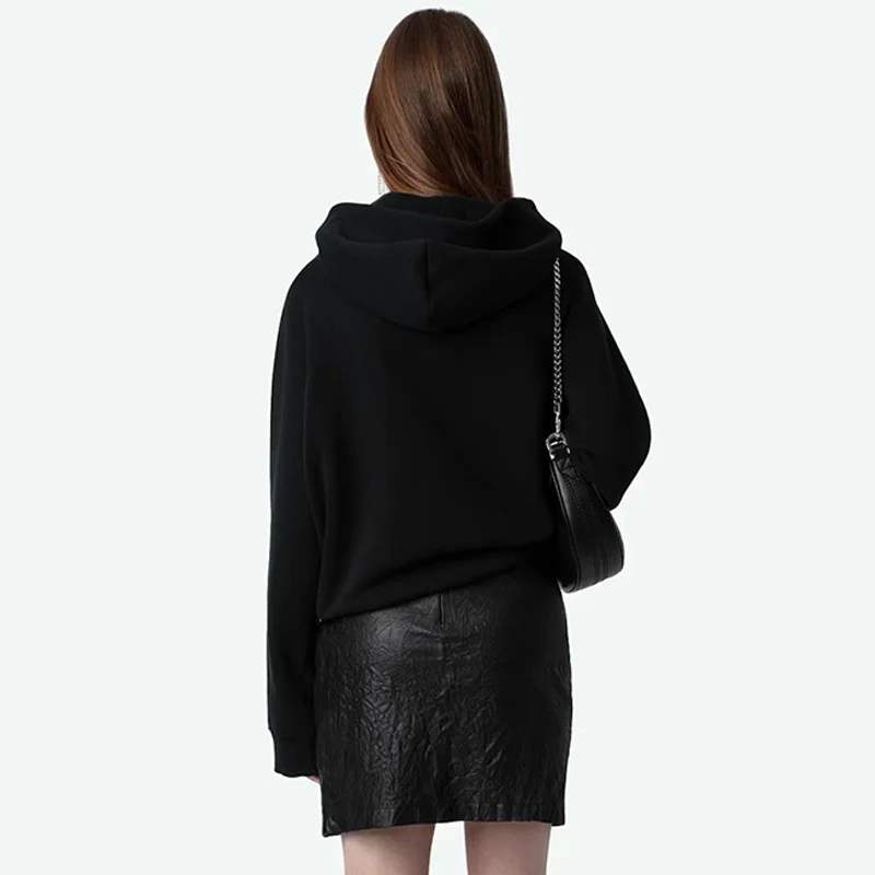 Zadig Black Hooded Sweatshirt Female Fashion Sleeve Letter Hoodies Women Wing Diamond New Pullovers Loose Fleece Hoodie 2024