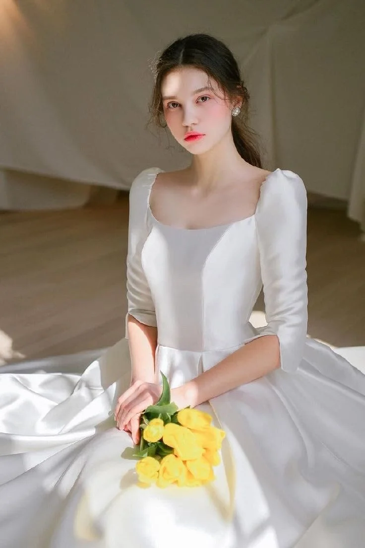 Bowith U-Collar Long Sleeves Satin Wedding Dresses Customized A-Line Bridal Gown Simple Elegant Korean Wedding Dresses