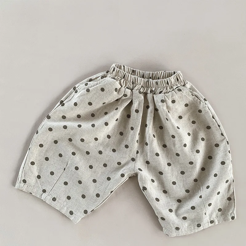 

Kid Pant Polka Dot Cotton Hemp Shorts 2024 Summer Boys and Girls Pants Loose Wide Leg Pants Children Fashion Dot Pants