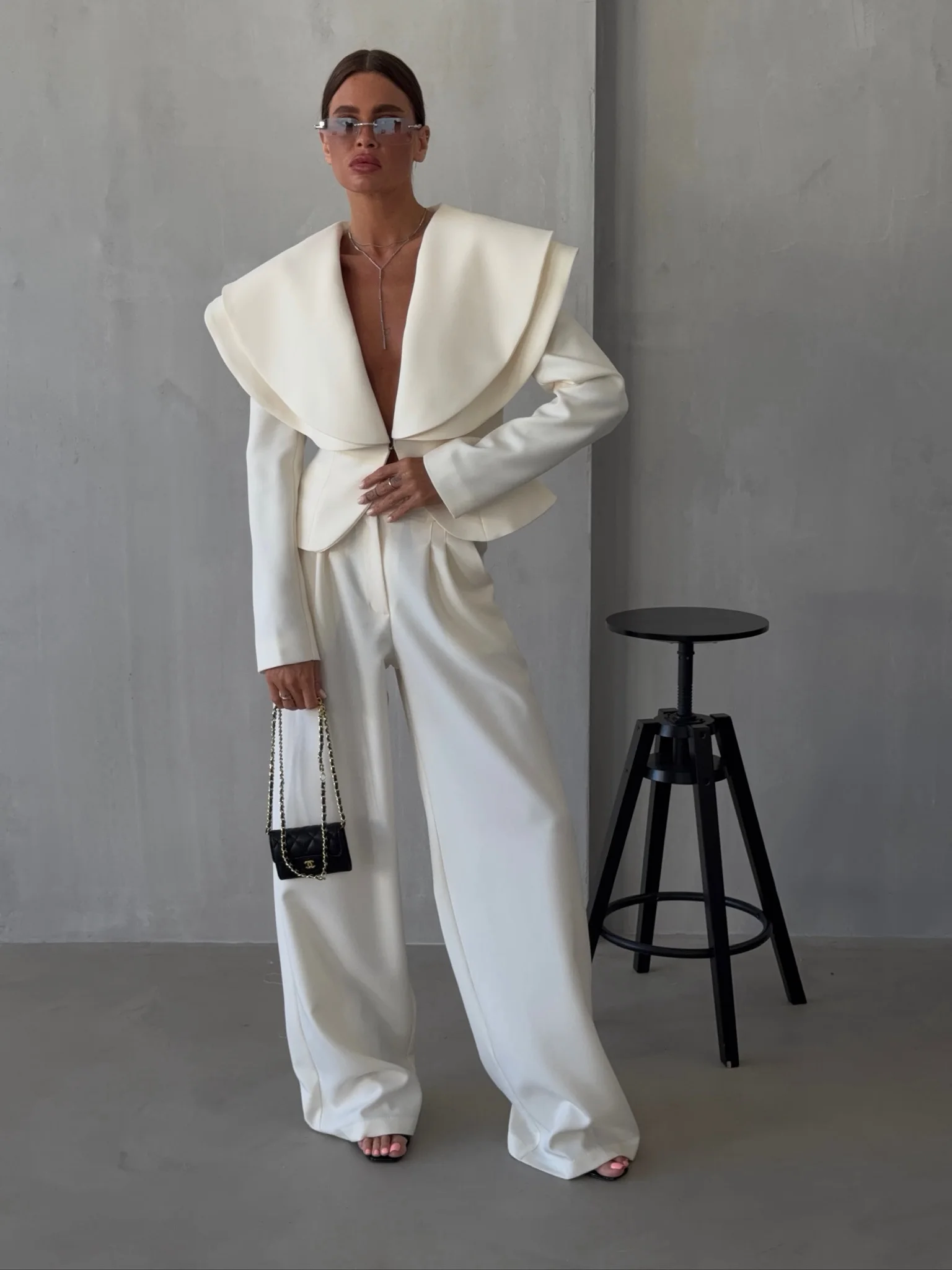 Laur 2026 Oversized Double Layer Lapel Cropped Blazer Two Piece Set High Waist Wide Leg Trousers Elegant Formal Matching Outfit