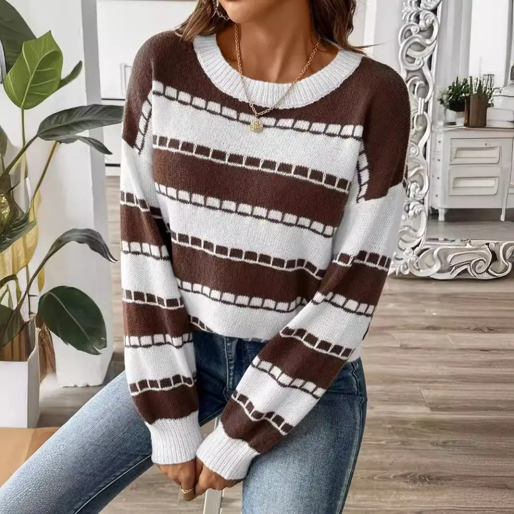 

Women's Contrast Color Stitching Striped Pullover Sweater European And American Style Base Shirt Color-Matching M687