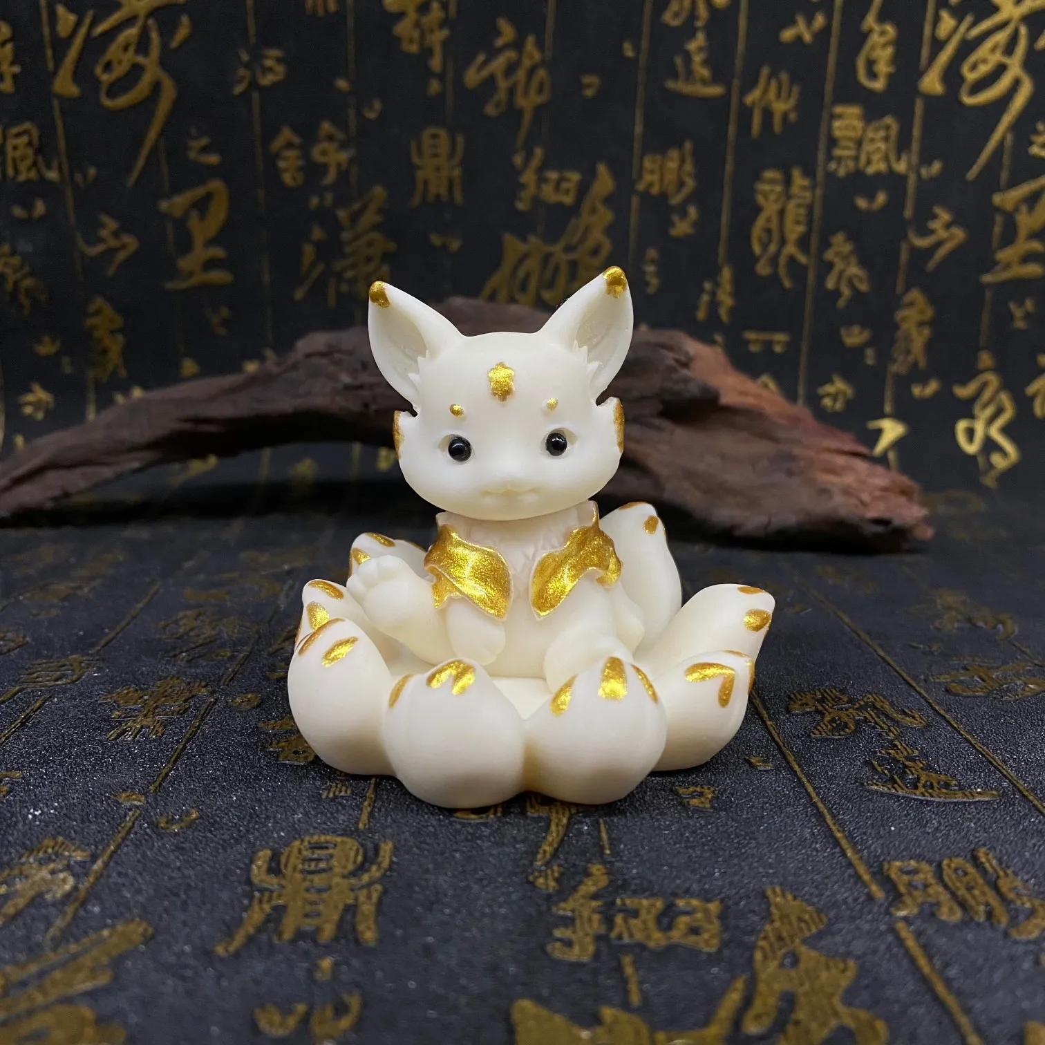 Ivory Nut Carved Cute Q‑Version Nine‑Tailed Fox Figurine Desktop Tea Pet Car Interior Decor Craft Ornament