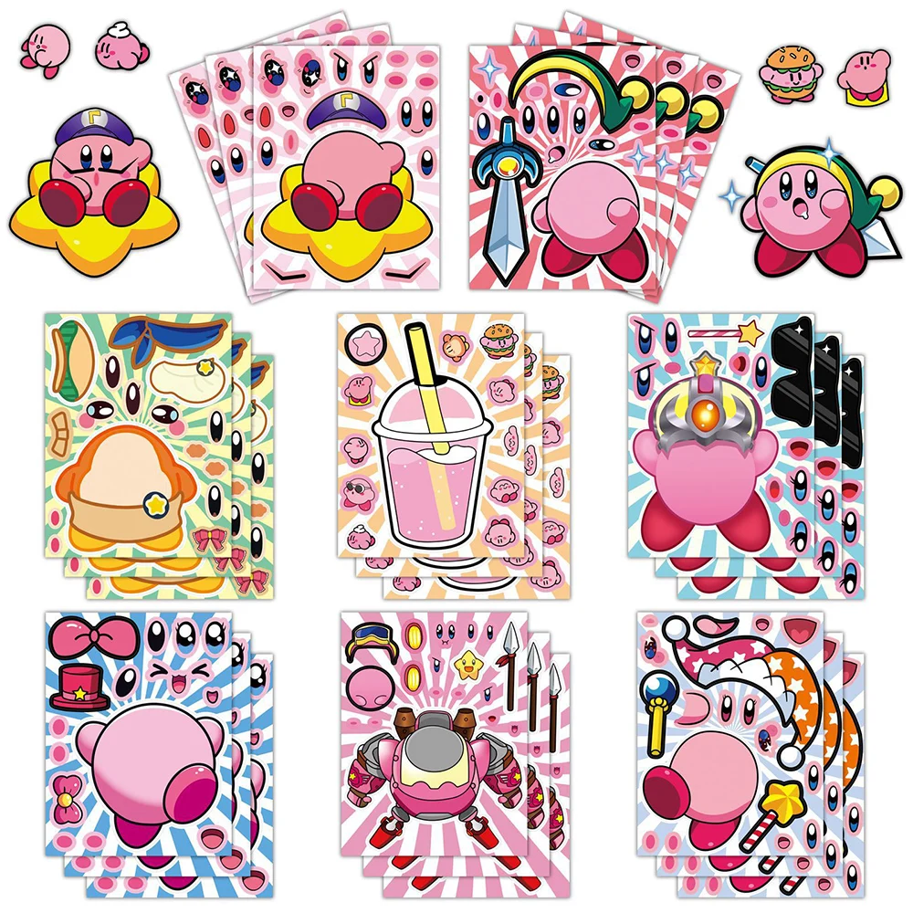 8/16sheets Kawaii Kirby Puzzle Stickers Children DIY Make a Face Decals Funny Cartoon Assemble Jigsaw Toy for Kid Birthday Gifts