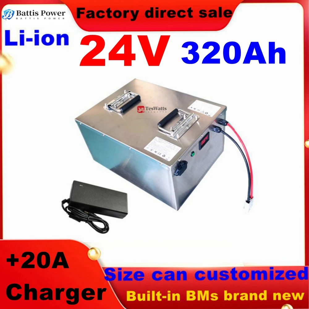 Waterproof 24V 320AH lifepo4 lithium Battery no 300AH BMS 8S for Inverter Solar RV EV AGV UPS motor bike golf cart + 20A Charger