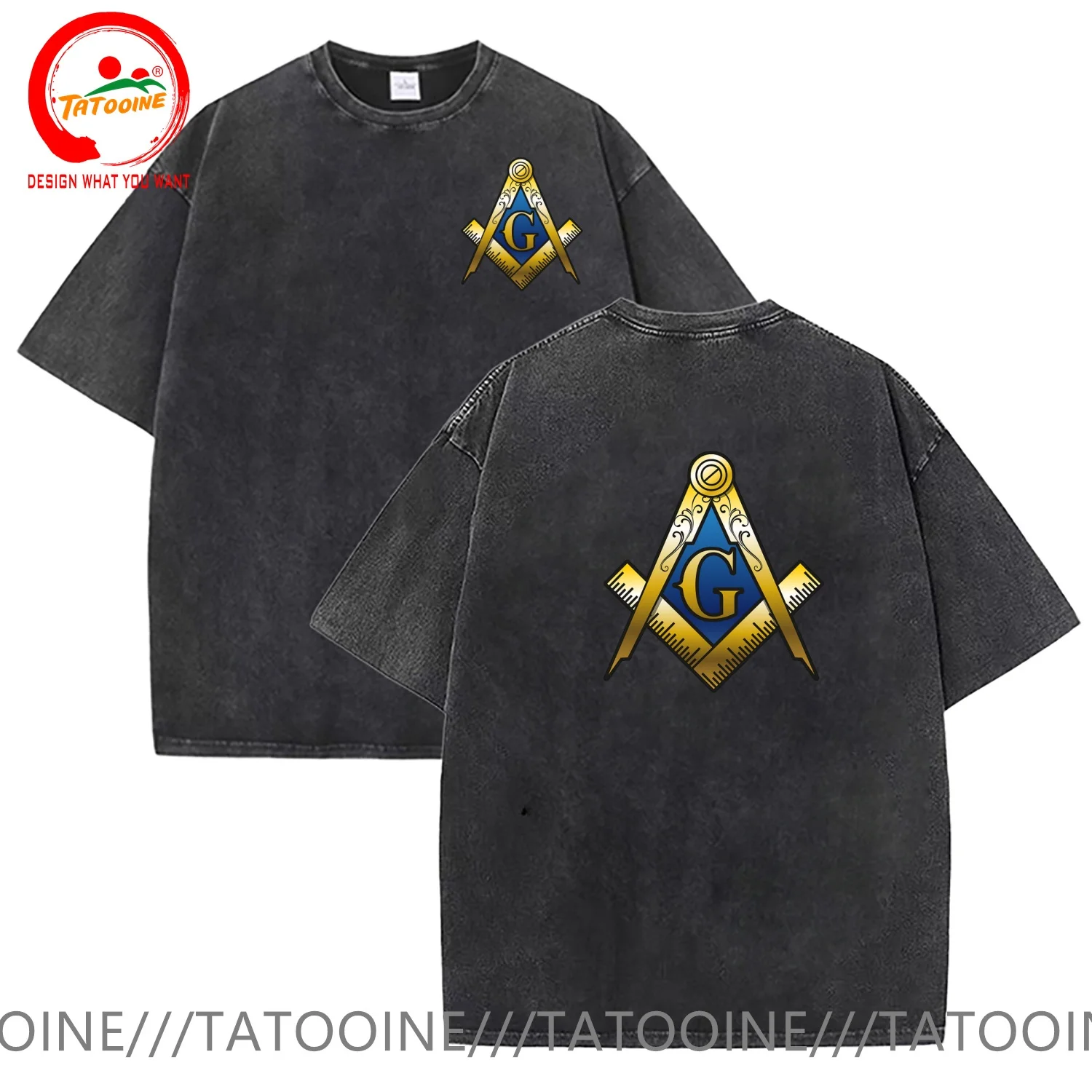 

Vintage Washed Cotton T-Shirt Mason Emblem Masonic T Shirt Men Summer Casual T Shirt Soft Fashion TeeShirt