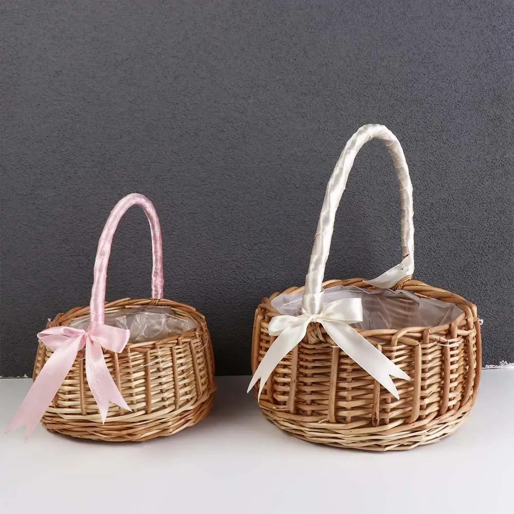 

Tie Durable Hand Woven Wedding Flower Girl Rattan Photo Props Storage Basket Desktop Decoration Clutter Organizer Flower Basket