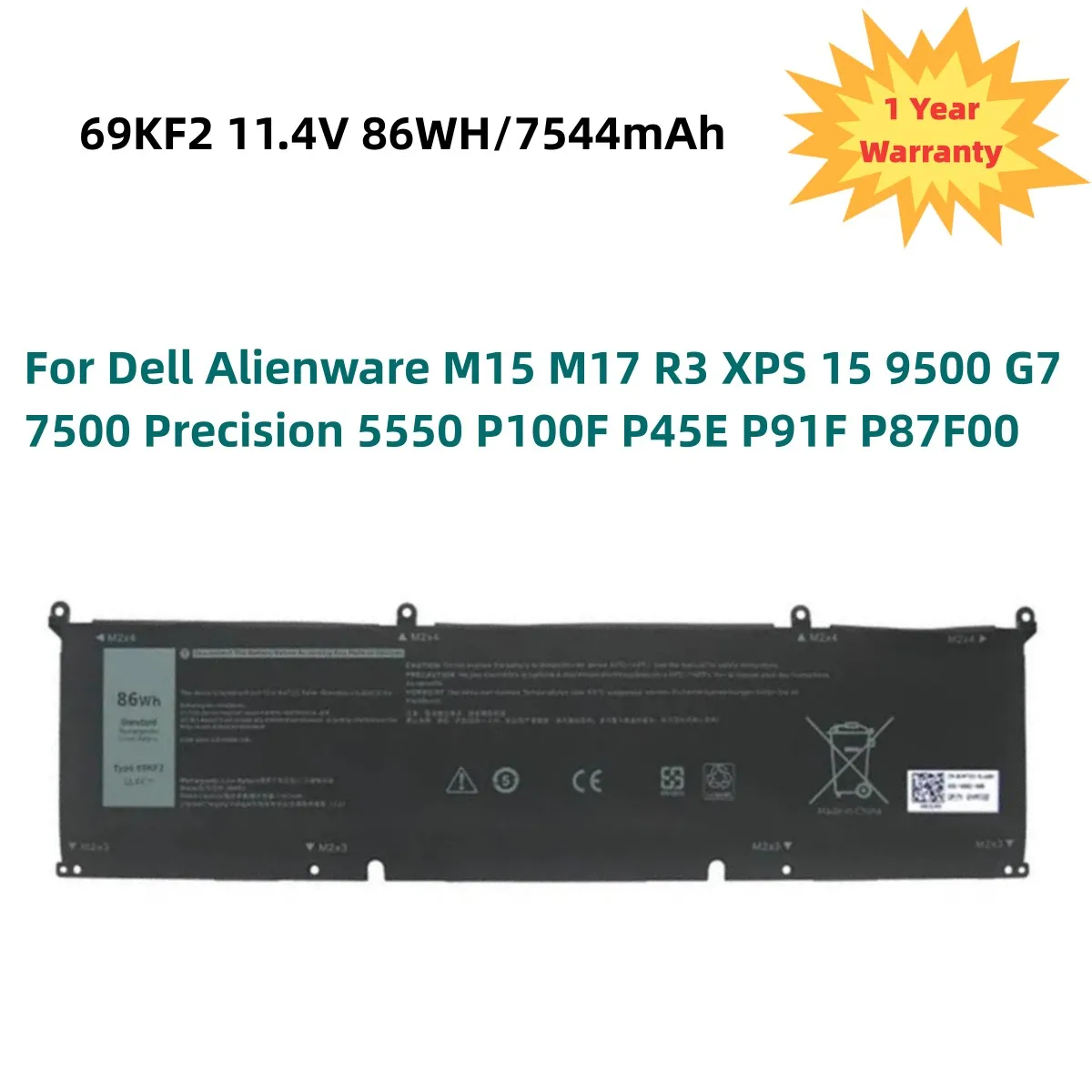 

69KF2 11.4V 86WH Battery for DELL XPS 15 9500 9510 9520 9530 Precision 5550 5560 G15 5511 5520 5515 5521 G7 15 7500 P91F P87F