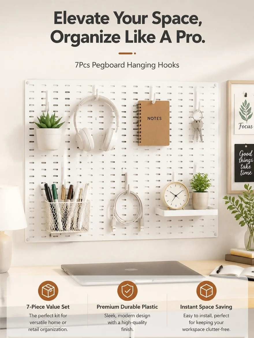 7Pcs Robust Plastic Pegboard Hooks Professional Display Solution for Store Home Workshop Supermarket Pegboard Hanging Hook Set