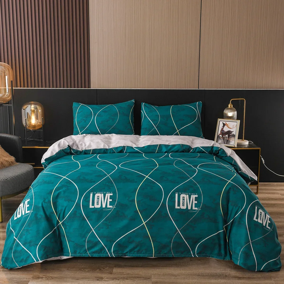 Blue Green Duvet Cover King Queen Full Twin Single Double Size, 3 Pcs Modern Lines Pattern with Love,Soft Microfiber Bedding Set