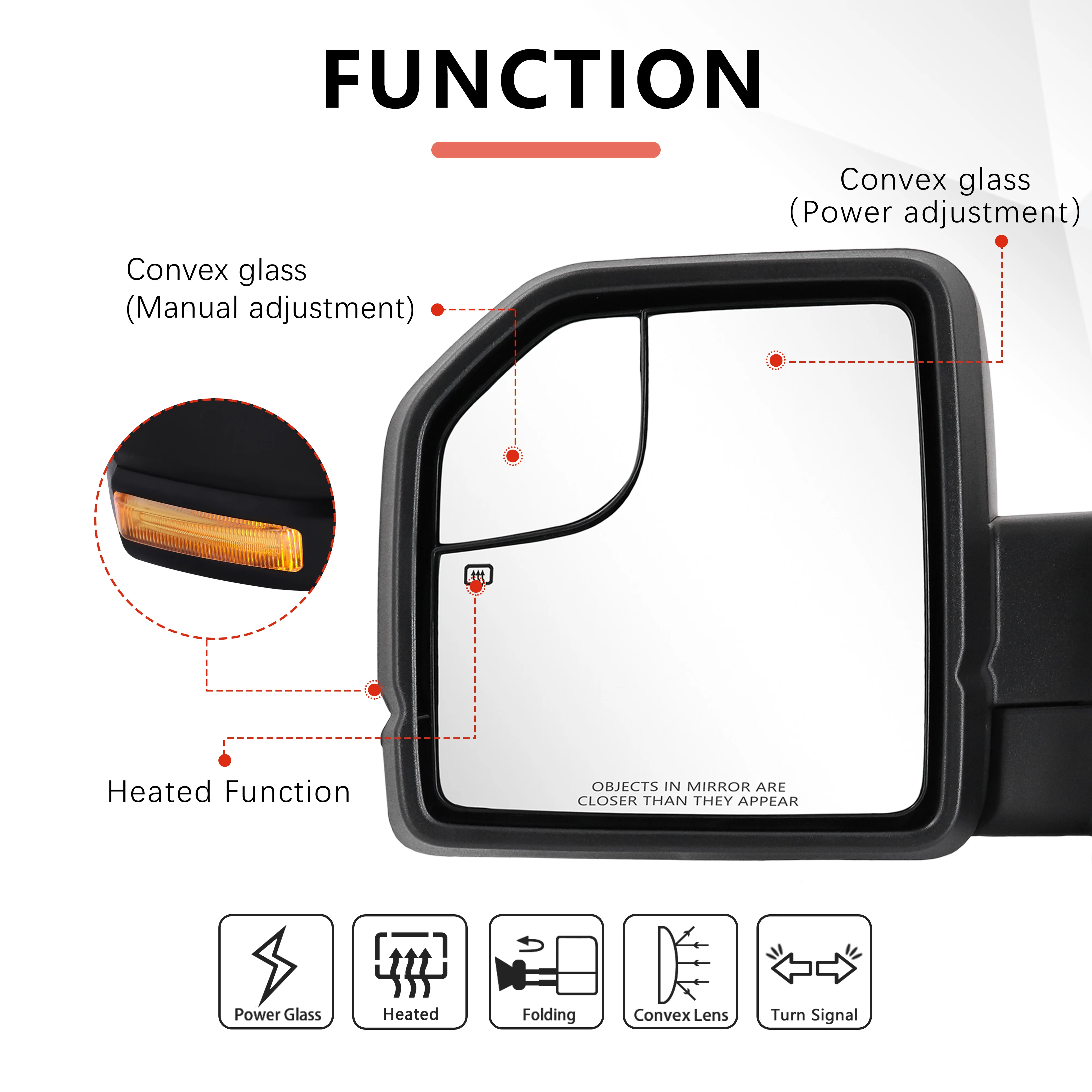 FARWIDE Black Texture Side Towing Mirror For Ford F150 2015 2016 2017 2018 With Power Heated Turn Signal