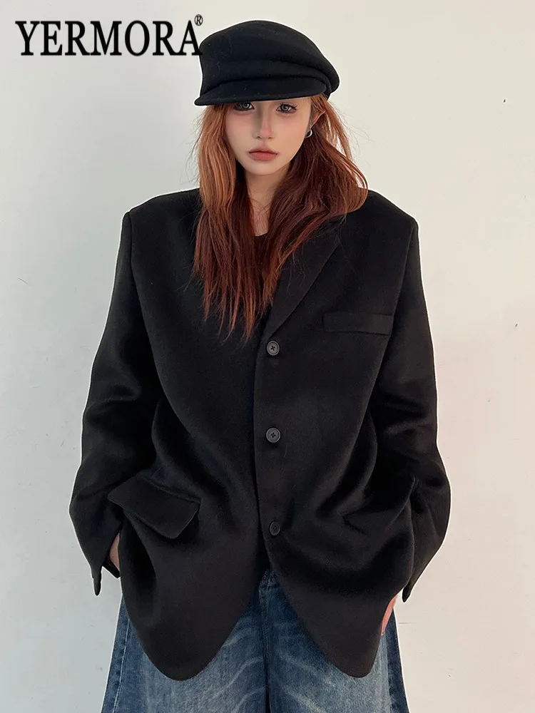 

YERMORA Black Button Pocket Brief Wool Blazer For Women Lapel Long Sleeve Loose New Jacket Fashion Tide Autumn Winter 2025