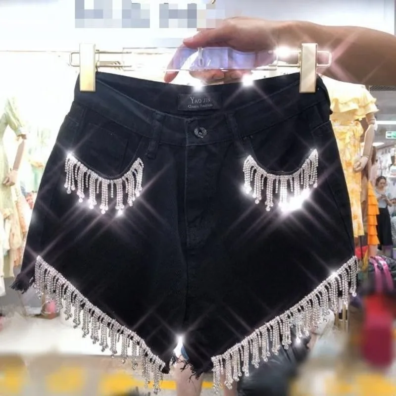 Diamonds Beaded Fringed Denim Hot Shorts Sparkling Rhinestones Fringed Short Jeans Wide Legs High Waisted Denim Shorts Pants