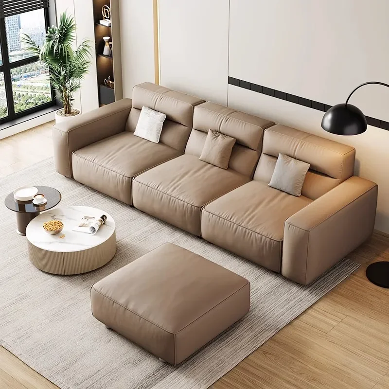 Italian Minimalist Leather Sofa Small Apartment Modern Minimalist Living Room Straight Row High Backrest Tofu Sofa