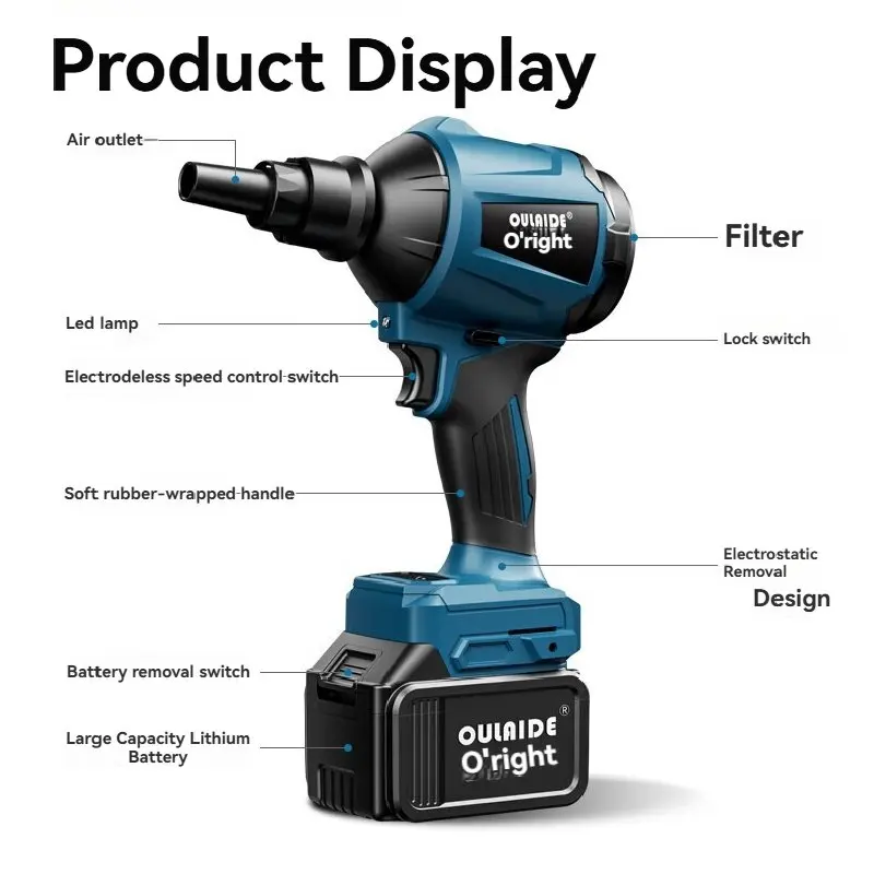 Electric Lithium Battery Rechargeable Brushless Dust Blowing, Dust Removal Snow Blowing Air Extraction Gun Blower Electric