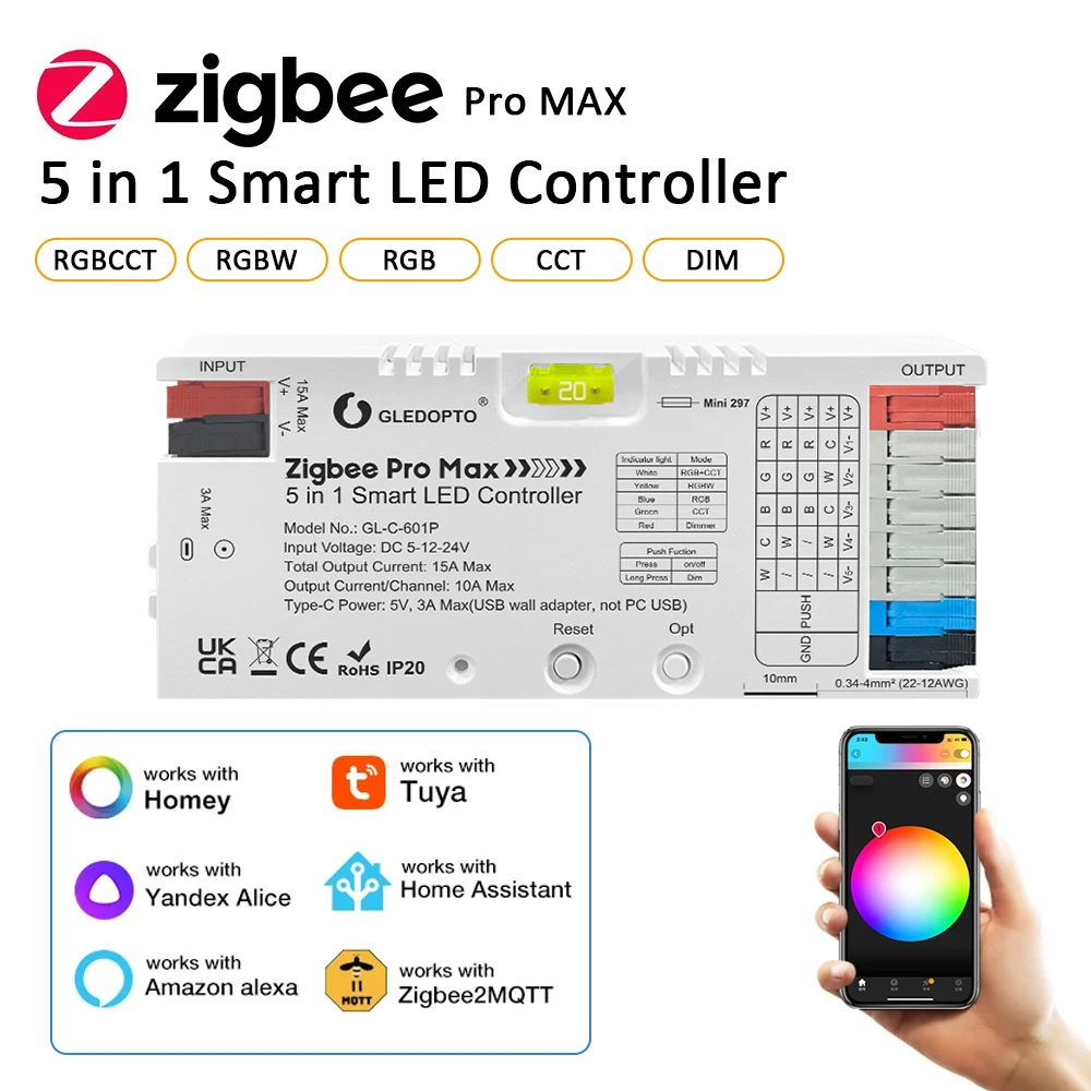 

GL-C-601P ZigBee 3.0 Pro Max Светодиодный контроллер 5 в 1 RGBCCT RGBW RGB CCT Dim Light Mix 20A Подключаемый предохранитель Приложение Voice GLEDOPTO