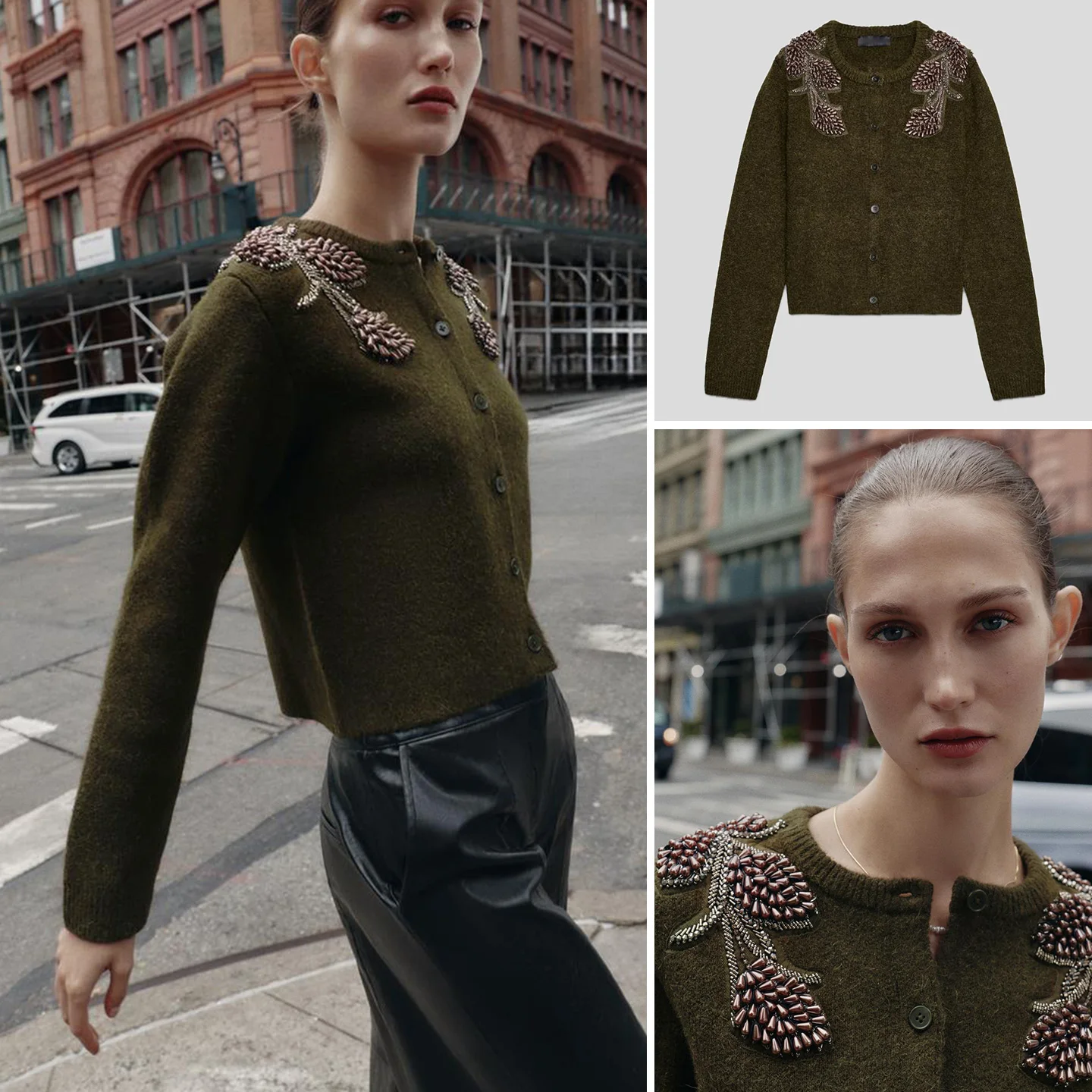 Spring New Arrival Women's Lazy Style Knitted Jacket Single Row Multi-Buckled Long Sleeve round Neck Beaded Design 3920090
