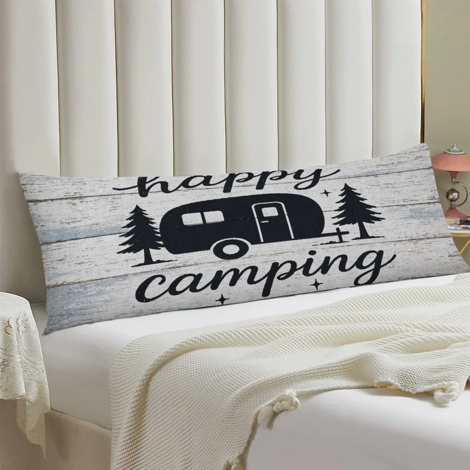 Ultra-Long Happy Camping Pillowcase - Retro Rented Car And Pine Tree Design - Soft Flannel Texture Sofa Pillowcase, Camping Deco