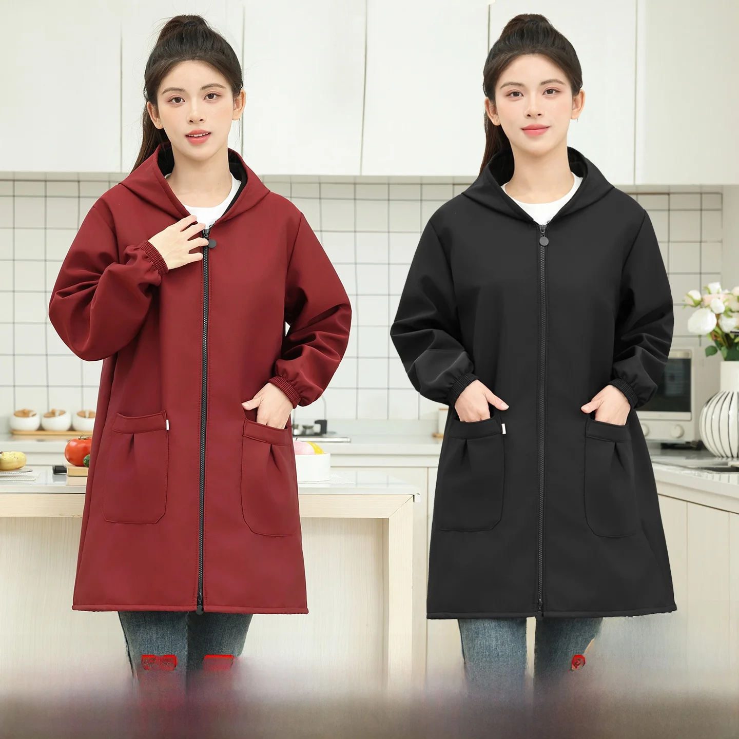 

Водонепроницаемый, маслостойкий флисовый фартук на молнии с длинными рукавами, рабочая одежда для кухни, пальто больших размеров для женщин, осень-зима