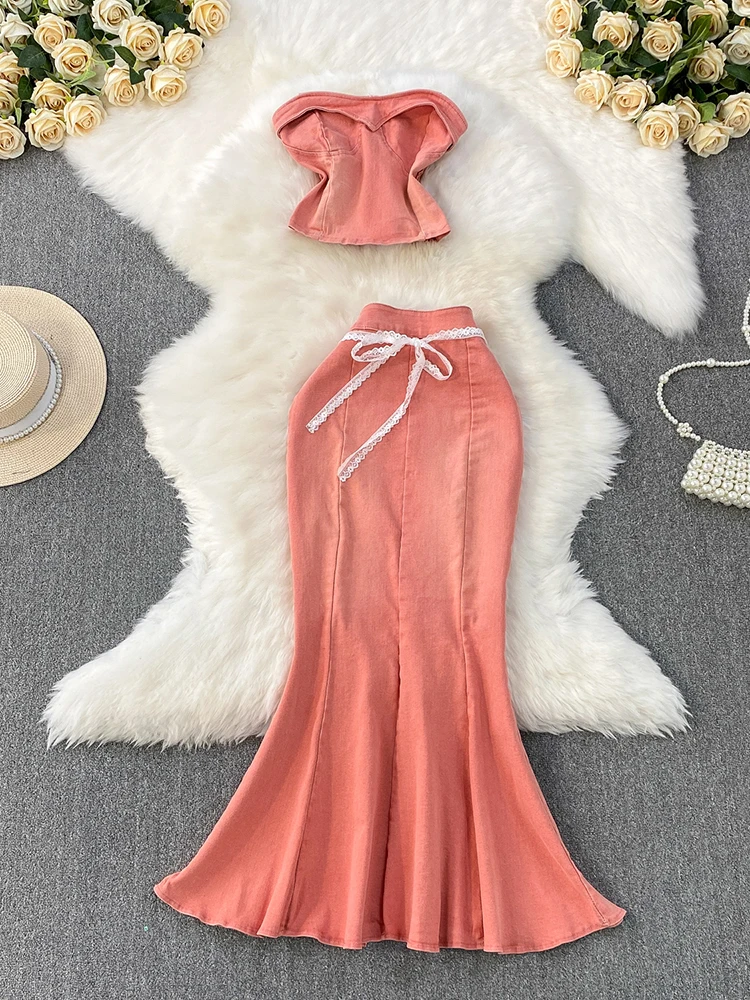 

Высококачественный темпераментный джинсовый жилет без бретелек на одно плечо + модный комплект с юбкой «рыбий хвост» на шнуровке и высокой талией для похудения