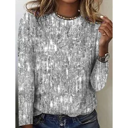 2024 Fashion Fine Glitter Print T Shirt Women's Casual Street Crew Neck Long Sleeve T-shirt Women Basic Chic Foreign Style Tops