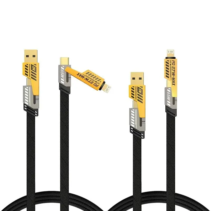 4-in-1 USB-C Cable, PD 65W Fast Charging Cable & Data Sync,Flat Braided Charger Cord with Type C/USB A(Yellow 2 Pack)