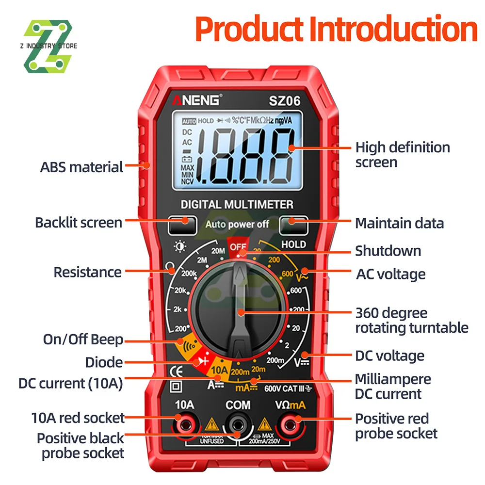 ANENG SZ06 Digital Multimeter 2000 Count Storage Professional Meter Voltage Current Ohm Tester AC/DC Ammeter Voltmeter LCDScreen