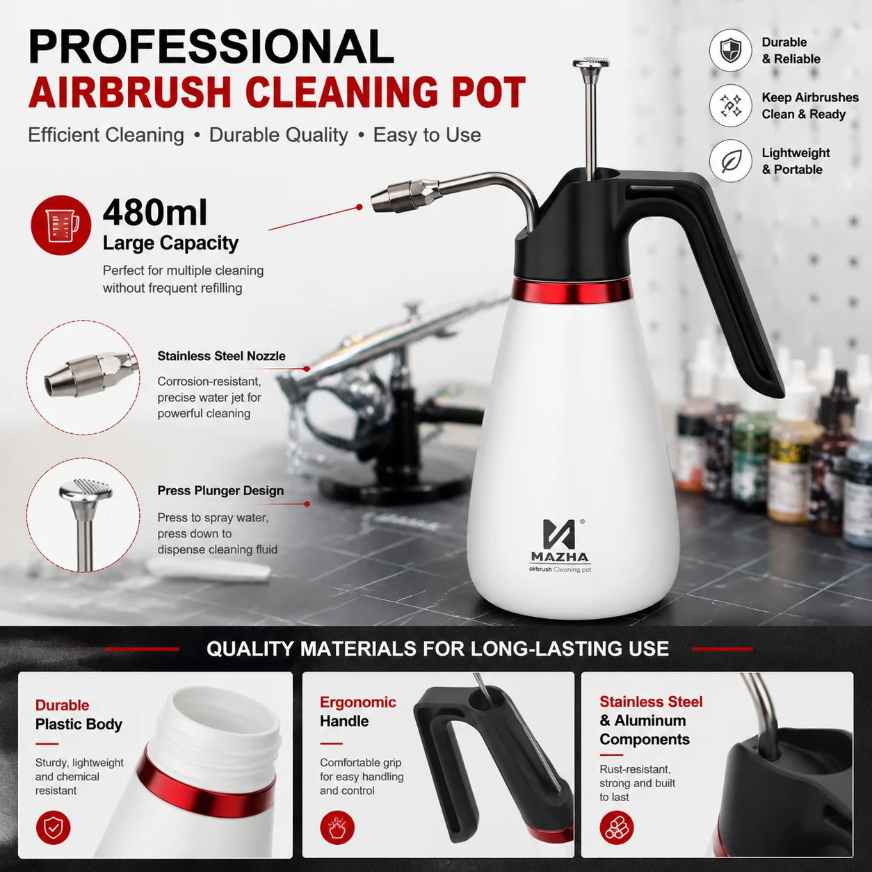 480ml Airbrush Cleaning Pot with Stainless Steel Nozzle, Airbrush Washer Cup for Spray Gun Paint Cleaning, Portable Airbrush Cle