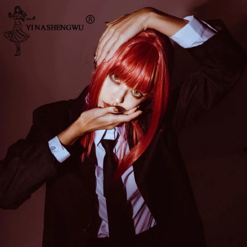 ชุดคอสเพลย์ Makima จากเรื่อง Chainsaw Man เสื้อคลุมสีดำ กางเกงขายาวผูกโบว์ ชุดสูทสำหรับผู้ชายและผู้หญิง ชุดยูนิฟอร์มฮาโลวีน พร้อมวิกผม คอสเพลย์ Makima จากอนิเมะและคอมมิค