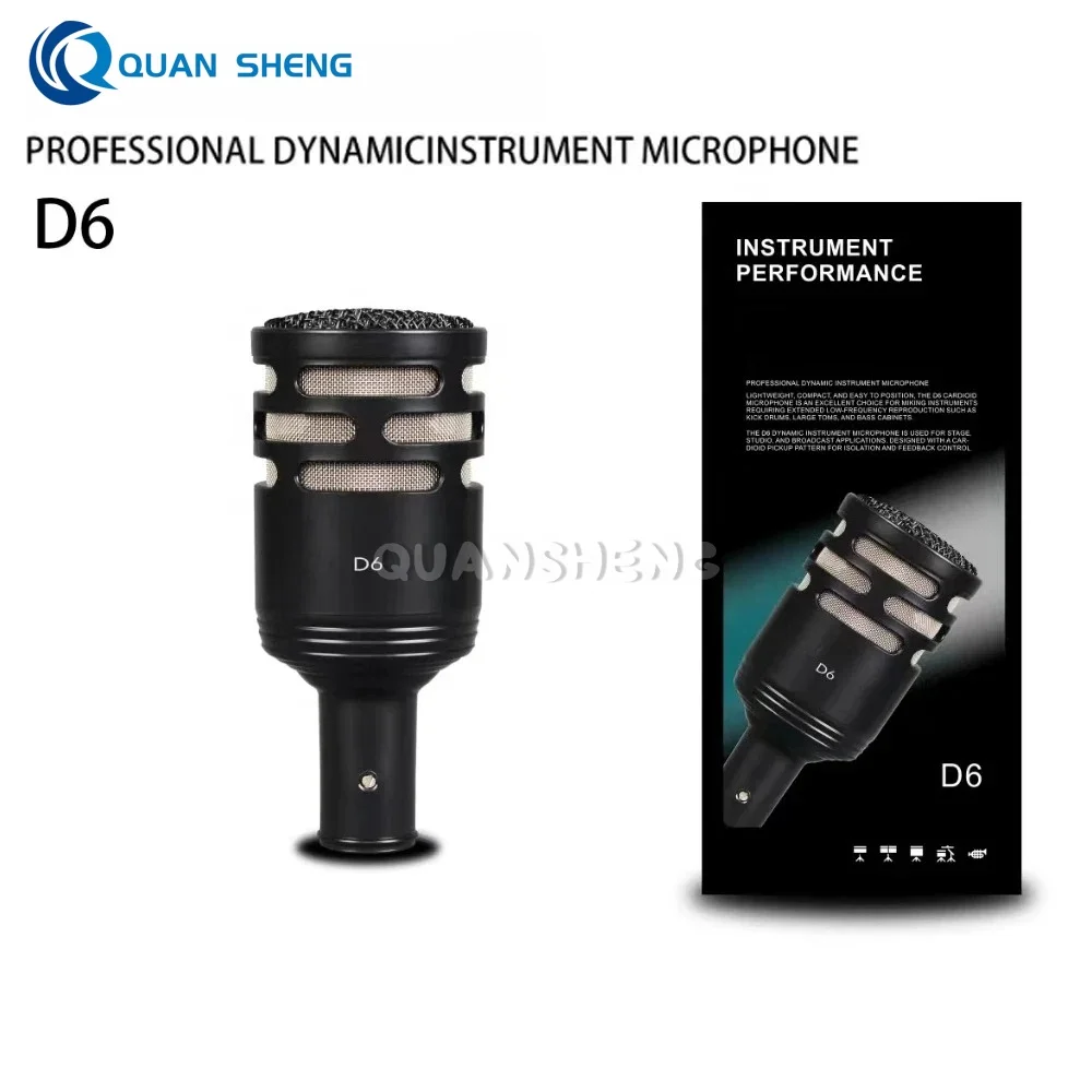 Professional D6 Dynamic Kick Drum Microphone Hypercardioid Pattern Low-Noise Output Aluminum Alloy Body for Studio Live Sound